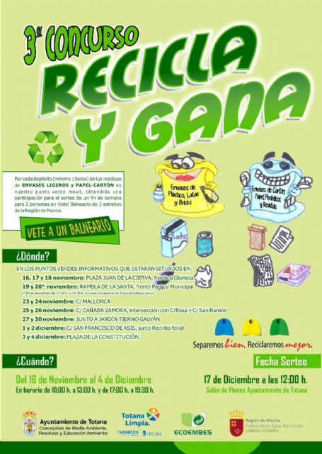 Las Concejalías de Medio Ambiente y Educación Ambiental organizan el concurso 'Recicla y gana' para fomentar hábito de reciclaje de residuos selectivos
