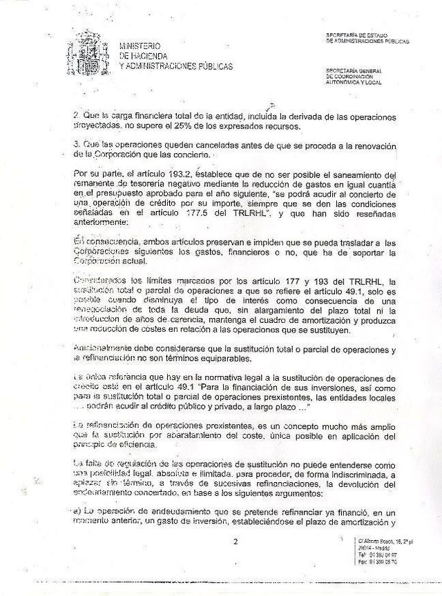 El alcalde hace público un escrito oficial del Ministerio de Hacienda fechado en 2012