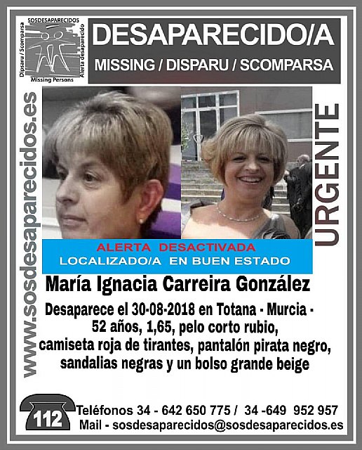 Encuentran en buen estado a la vecina de Totana desaparecida a finales de agosto, María Ignacia Carreira