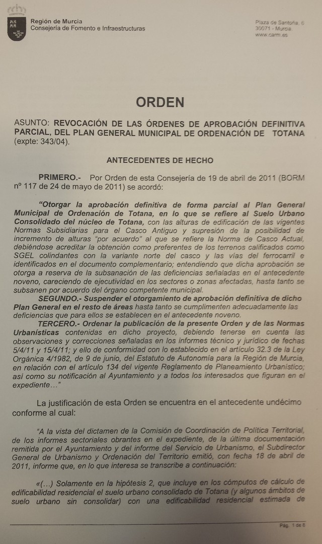 El consejero de Fomento e Infraestructuras de Murcia revoca y anula la Orden de aprobación parcial (casco urbano) del PGMO de Totana