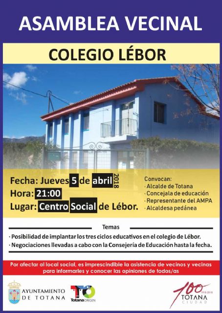 El Centro Social de Lébor acoge mañana una asamblea vecinal para tratar asuntos relacionados en materia de Educación con esta pedanía