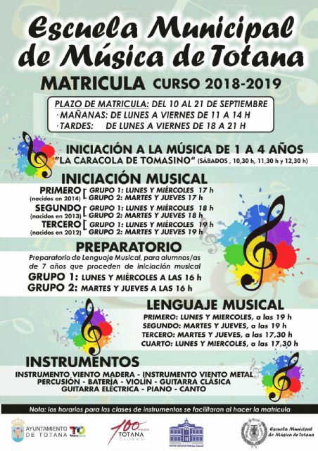La Escuela Municipal de Música de Totana abre el plazo de matrícula para el curso 2017/2018, del 10 al 21 de septiembre