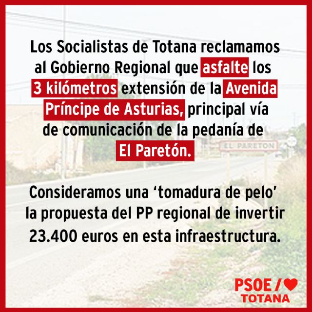 Los Socialistas de Totana reclaman al Gobierno Regional que asfalte en sus tres kilómetros extensión la Avenida Príncipe de Asturias