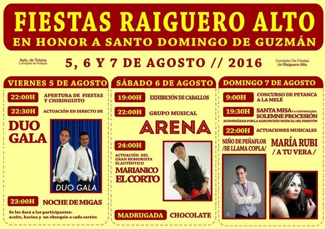 Las fiestas de El Raiguero Alto en honor a Santo Domingo de Guzmán se celebrarán desde hoy hasta el domingo