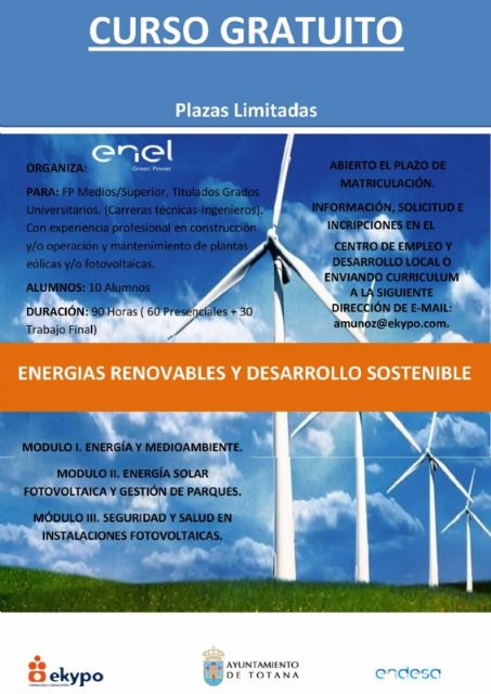 Todavía quedan plazas en el Curso de Energías Renovables y Desarrollo Sostenible, organizado por la Concejalía de Desarrollo Económico y la empresa 'Enel Green Power'