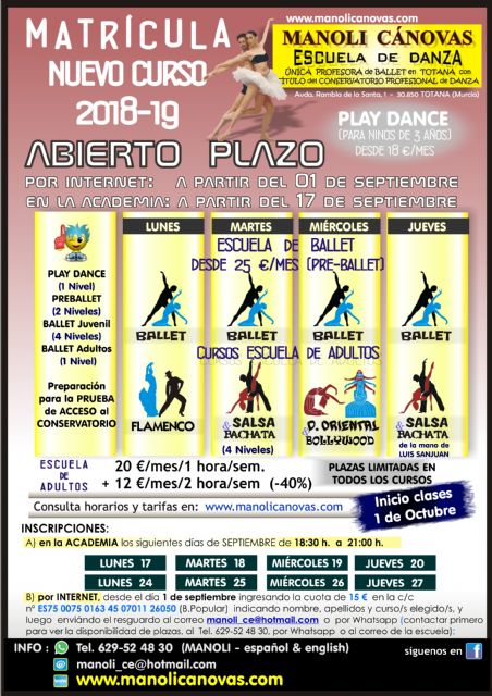 La Escuela de Danza Manoli Cánovas abre el plazo de matrícula para el curso 2018/19