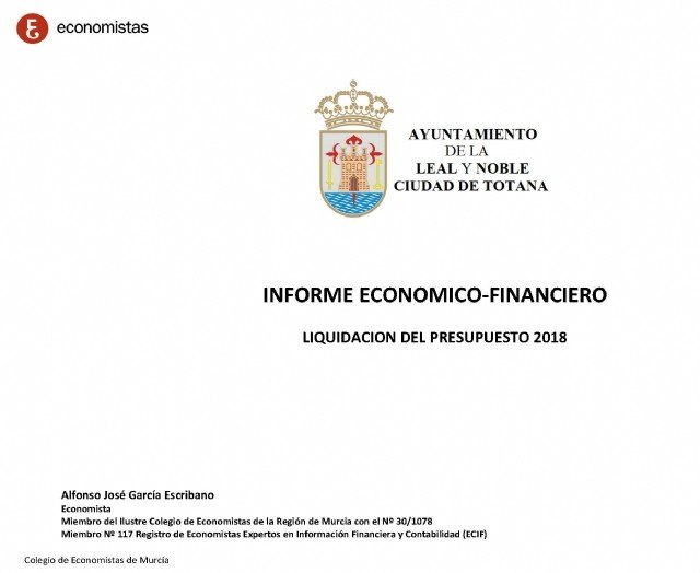 Publican el Informe Económico-Financiero del Ayuntamiento de Totana, a fecha de diciembre del 2018