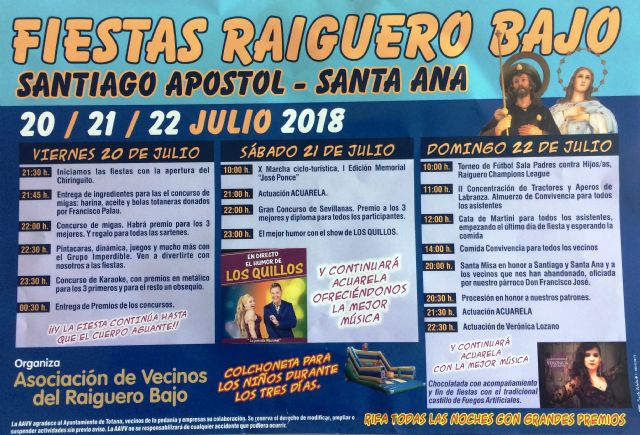 Las fiestas del Raiguero Bajo, en honor de Santiago Apóstol y Santa Ana, se celebran el próximo fin de semana del 20 al 22 de julio