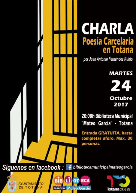 La charla 'Poesía carcelaria' tendrá lugar el próximo 24 de octubre en la biblioteca municipal