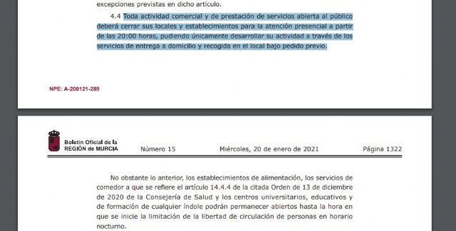 Entra en vigor la orden de cierre presencial de la actividad comercial y de servicios desde las 20:00 horas en la Región de Murcia