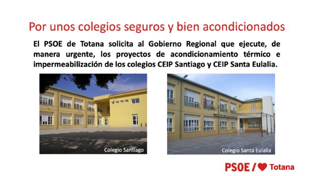 El PSOE de Totana solicita al Gobierno Regional que ejecute, de manera urgente, los proyectos de acondicionamiento térmico e impermeabilización de los colegios CEIP Santiago y CEIP Santa Eulalia