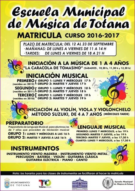Mañana finaliza el plazo de matrícula de la Escuela Municipal de Música de Totana para el curso 2016/17