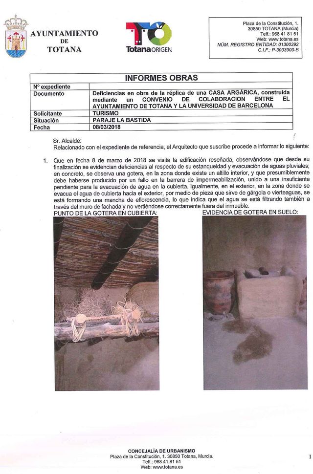 El concejal de Yacimientos Arqueológicos hace público el informe del arquitecto municipal sobre las deficiencias en la casa argárica