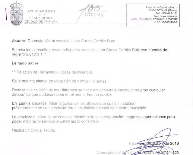 Carrillo denunciará en el Pleno 'el nefasto estado de las bocas de incendio del municipio' y 'rogará' al Alcalde que se reparen lo antes posible