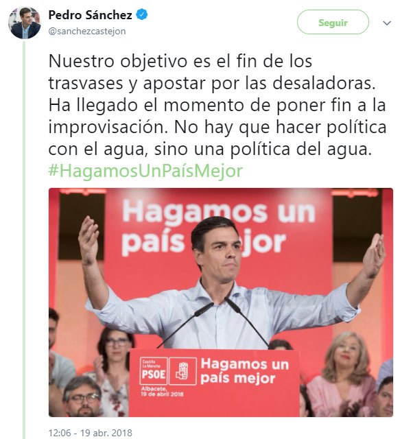 El PP planteará esta noche ante el Pleno reprobar a Pedro Sánchez, Secretario General nacional de los Socialistas, por su declaraciones en contra de los trasvases