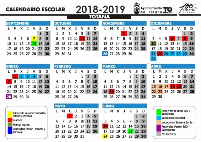 El curso escolar 2018/19 en el municipio de Totana comenzará en Educación Infantil y Primaria el 7 de septiembre; en ESO y Bachillerato el 14 y en FP el 21 del mismo mes