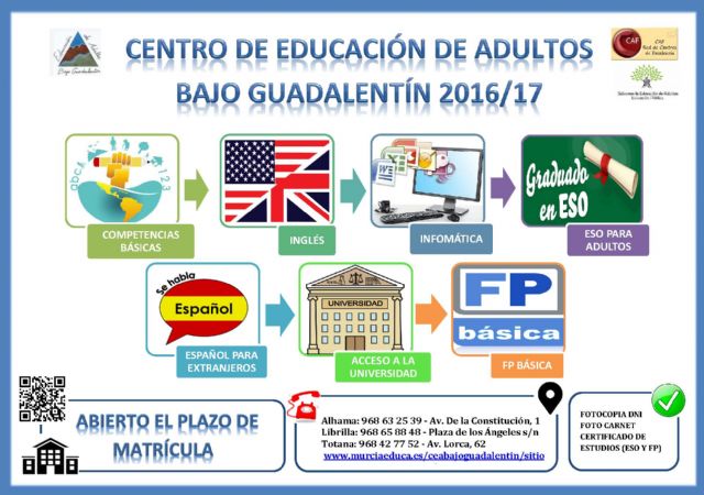 Continúa abierto el plazo de matrícula del Centro de Educación de Adultos 'Bajo Guadalentín' para el próximo curso 2016/2017