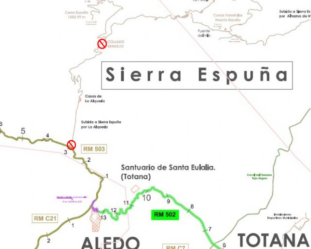 Permanecerá cortado durante un mes uno de los accesos a Sierra Espuña, desde la zona de Las Alquerías, por obras de mejora en la carretera