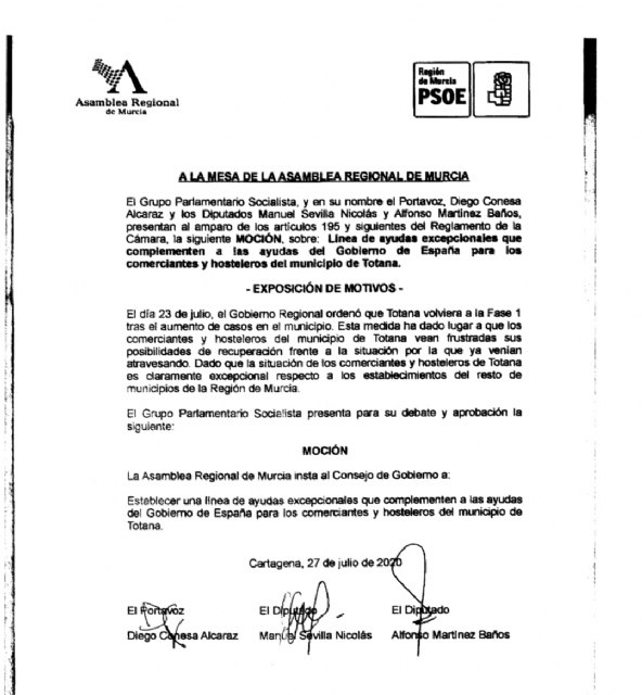 El PSOE pide al Consejo de Gobierno ayudas a hosteleros y comerciantes de Totana