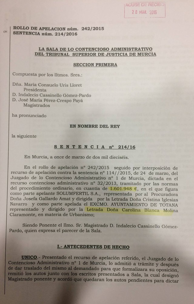 Otra sentencia del TJS de Murcia condena al Ayuntamiento a devolver el dinero de un convenio urbanístico, más los intereses