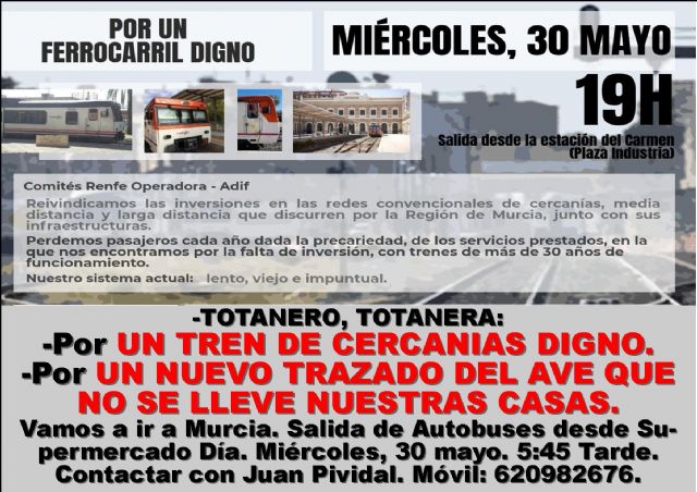 Esta tarde tendrá lugar en Murcia una importante manifestación en defensa de una red de trenes de cercanías digna